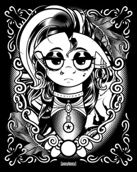 Size: 2400x3000 | Tagged: safe, artist:poxy_boxy, derpibooru import, pony, black and white, bust, commission, ear piercing, earring, eyeshadow, female, grayscale, high res, image, jewelry, lidded eyes, looking at you, makeup, mare, monochrome, nose piercing, nose ring, piercing, png, solo