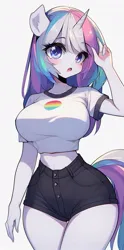 Size: 507x1024 | Tagged: safe, ai content, derpibooru import, machine learning generated, oc, anthro, unicorn, adorasexy, big breasts, breasts, busty oc, clothes, curvy, cute, female, horn, hourglass figure, image, impossibly thin waist, jpeg, midriff, open mouth, prompter:horselover fat, sexy, short shirt, shorts, simple background, solo, standing, stupid sexy oc, thigh gap, unicorn oc, wasp waist, white background, wide hips