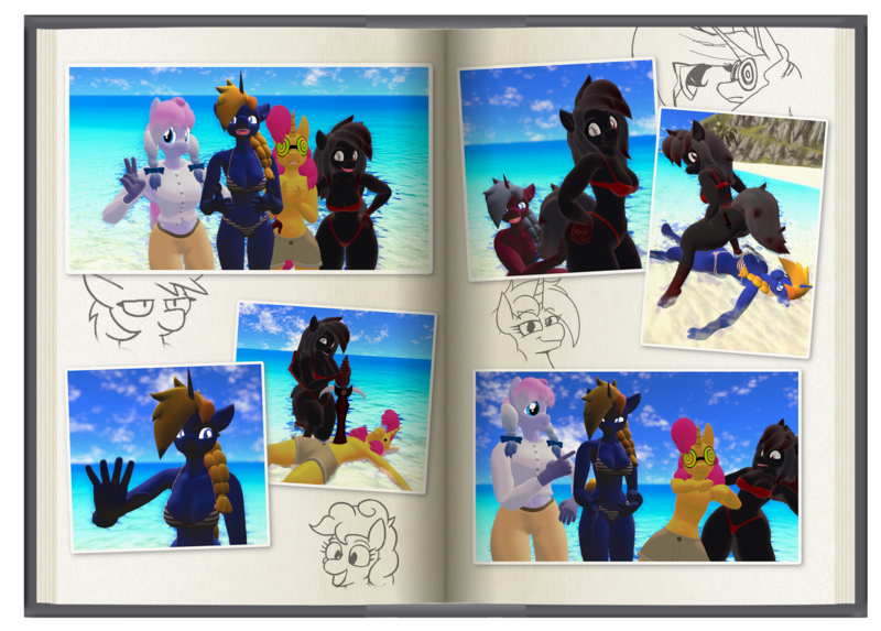 Size: 3510x2516 | Tagged: suggestive, derpibooru import, oc, oc:blood stain, oc:comet dust, oc:heavy weather, oc:twister pop, unofficial characters only, anthro, earth pony, pegasus, unguligrade anthro, unicorn, 3d, beach, bikini, breasts, button-up shirt, clothes, group photo, hand on hip, horn, image, lying down, ocean, peace sign, png, scrapbook, shirt, smiling, spread legs, spreading, swimsuit, sword, vrchat, water, waving, weapon