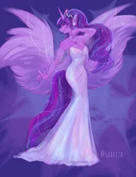 Size: 1419x1840 | Tagged: safe, artist:sarpiza_, derpibooru import, twilight sparkle, twilight sparkle (alicorn), alicorn, anthro, pony, breasts, busty twilight sparkle, cleavage, clothes, dress, ear piercing, earring, female, image, jewelry, jpeg, large wings, mare, piercing, signature, solo, tiara, wings