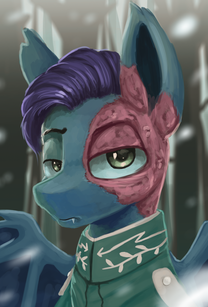 Size: 3096x4572 | Tagged: semi-grimdark, artist:ryanmandraws, derpibooru import, oc, oc:hefty standard, unofficial characters only, bat pony, pony, equestria at war mod, burn, burn marks, bust, clothes, facial scar, fangs, image, png, portrait, scar, solo