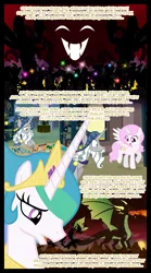 Size: 1280x2300 | Tagged: safe, artist:bigsnusnu, derpibooru import, princess celestia, star swirl the bearded, alicorn, deer, dragon, pony, comic:dusk shine in pursuit of happiness, female, filly, filly celestia, fire, fire breath, image, jewelry, png, sad, silhouette, tiara, war, younger