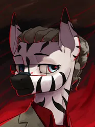 Size: 3120x4200 | Tagged: safe, artist:neither, derpibooru import, oc, oc:shama zurumilki, unofficial characters only, zebra, equestria at war mod, bust, clothes, glasses, image, png, portrait, solo