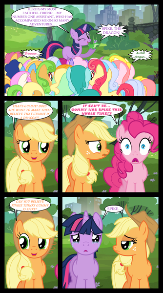 Size: 1280x2300 | Tagged: safe, artist:bigsnusnu, derpibooru import, applejack, gummy, pinkie pie, twilight sparkle, earth pony, unicorn, comic:dusk shine in pursuit of happiness, bridge, building, crying, dialogue, dissatisfied, dusk shine, horn, image, implied spike, park, png, rule 63, tree