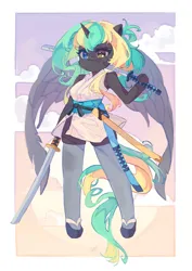 Size: 2897x4096 | Tagged: safe, artist:saxopi, derpibooru import, oc, unofficial characters only, alicorn, anthro, pony, clothes, commission, female, heterochromia, hoof hold, image, jpeg, katana, mare, sandals, sky background, socks, solo, sword, thigh highs, weapon