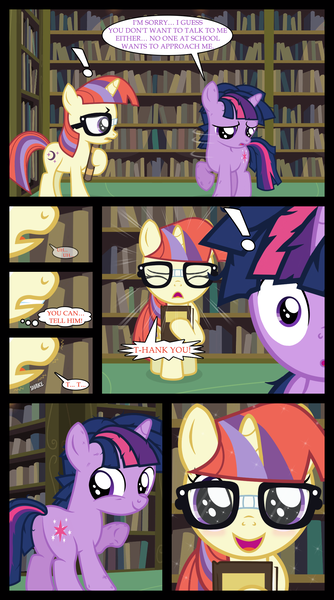 Size: 1280x2300 | Tagged: safe, artist:bigsnusnu, derpibooru import, moondancer, twilight sparkle, pony, unicorn, comic:dusk shine in pursuit of happiness, colt, dialogue, dusk shine, female, filly, filly moondancer, foal, glasses, happy, horn, image, librarian, library, looking back, male, png, rule 63, younger