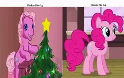 Size: 811x512 | Tagged: safe, derpibooru import, edit, edited screencap, screencap, pinkie pie, pinkie pie (g3), earth pony, pony, a very minty christmas, g3, three's a crowd, bipedal, chair, christmas, christmas tree, comparison, decoration, female, g3 to g4, g4, generation leap, holiday, image, jpeg, open mouth, open smile, pinterest, smiling, standing, text, tree