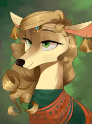 Size: 2340x3150 | Tagged: safe, artist:egil, derpibooru import, oc, oc:eva pillai, unofficial characters only, deer, equestria at war mod, bust, clothes, deer oc, ear piercing, earring, gem, image, jewelry, non-pony oc, piercing, png, portrait, solo