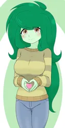 Size: 1559x3078 | Tagged: safe, artist:batipin, derpibooru import, wallflower blush, human, equestria girls, 2d, blushing, breasts, busty wallflower blush, clothes, eyebrows, eyebrows visible through hair, female, freckles, g4, heart, heart hands, image, long sleeves, looking at you, pants, png, pockets, smiling, smiling at you, solo, sweater