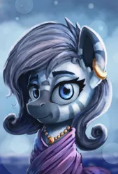 Size: 3096x4568 | Tagged: safe, artist:ryanmandraws, derpibooru import, oc, oc:zaphod zarca, unofficial characters only, zebra, equestria at war mod, bust, clothes, ear piercing, earring, image, jewelry, necklace, piercing, png, portrait, solo