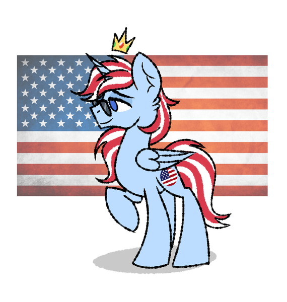 Size: 3490x3672 | Tagged: safe, artist:northglow, derpibooru import, oc, ponified, unofficial characters only, alicorn, pony, american flag, crown, flag, image, jewelry, nation ponies, png, regalia, simple background, smiling, solo, sunglasses, united states