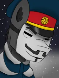 Size: 768x1024 | Tagged: safe, artist:riley vinchers, derpibooru import, oc, oc:gray fox, unofficial characters only, pony, equestria at war mod, bust, cap, clothes, guy fawkes mask, hat, image, png, portrait, snow, snowfall, solo