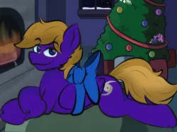 Size: 2048x1535 | Tagged: safe, artist:doodlesdoodles8, derpibooru import, oc, oc:wing front, unofficial characters only, pegasus, pony, bound wings, brown mane, brown tail, christmas, christmas tree, draw me like one of your french girls, gift wrapped, holiday, image, living room, lying down, pegasus oc, png, present, prone, purple coat, ribbon, smiling, tail, tree, wings