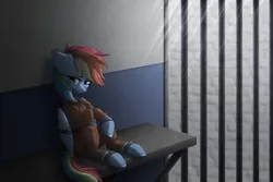Size: 4473x2988 | Tagged: safe, artist:viryav, derpibooru import, rainbow dash, pegasus, bound wings, chained, chains, clothes, commissioner:rainbowdash69, cuffed, cuffs, image, never doubt rainbowdash69's involvement, png, prison outfit, prisoner, prisoner rd, sad, shackles, solo, wings