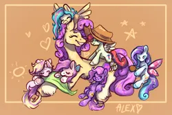 Size: 1080x720 | Tagged: artist needed, safe, derpibooru import, oc, oc:chai leche, oc:curious query, oc:flux key, oc:icy hot, oc:post haste, oc:quickdraw, oc:shooting star, changeling, earth pony, pegasus, unicorn, blanket, bow, brush, charm, commissioner:dhs, cowboy hat, cute, dreamcatcher, family, female, handkerchief, hat, heart, horn, image, mother and child, mother and daughter, png, simple background, sleeping, smiling, stars, unshorn fetlocks