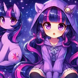 Size: 1024x1024 | Tagged: safe, ai content, derpibooru import, machine learning generated, twilight sparkle, human, pony, unicorn, :o, anime, bangs, blushing, bow, child, clothes, duality, duo, female, g4, galaxy, generator:bing image creator, generator:dall-e 3, heart, hoodie, horn, human ponidox, humanized, image, jpeg, light skin, long hair, long socks, looking at you, open mouth, pony ears, ribbon, self paradox, self ponidox, shirt, sitting, skirt, smiling, socks, sparkles, stars, unicorn twilight, wrong cutie mark