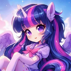 Size: 1024x1024 | Tagged: safe, ai content, derpibooru import, machine learning generated, twilight sparkle, twilight sparkle (alicorn), alicorn, human, anime, arm hooves, bangs, bow, clothes, cloud, deformed, eared humanization, female, generator:bing image creator, generator:dall-e 3, horn, horned humanization, humanized, image, jpeg, long hair, looking at you, pony ears, reverse anthro, shirt, short sleeves, skirt, sky, smiling, solo, sparkles, tail, tailed humanization, winged humanization, wings