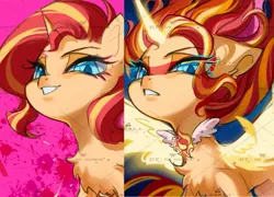 Size: 1389x1000 | Tagged: safe, artist:shizizizizi527, derpibooru import, sunset shimmer, pony, unicorn, equestria girls, daydream shimmer, duality, female, g4, grin, horn, image, jpeg, looking at you, mare, smiling, solo