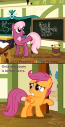 Size: 574x1120 | Tagged: safe, derpibooru import, edit, edited screencap, screencap, cheerilee, scootaloo, fanfic:rainbow factory, the last crusade, chalkboard, fanfic art, g4, image, png, ponyville schoolhouse, weather factory
