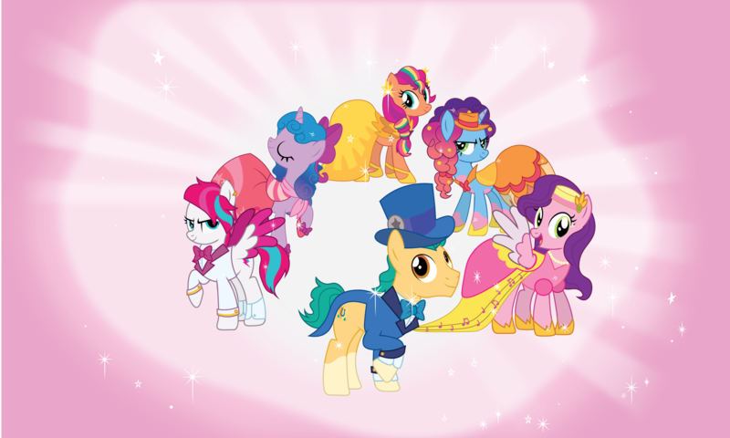 Size: 2250x1350 | Tagged: safe, artist:prixy05, derpibooru import, hitch trailblazer, izzy moonbow, pipp petals, sunny starscout, zipp storm, earth pony, pegasus, pony, unicorn, g5, the best night ever, alternate hairstyle, applejack (g5), character swap, clothes, dress, female, fluttershy (g5), g4, g5 to g4, gala dress, generation leap, hat, horn, image, male, mane five, mane six (g5), mane stripe sunny, mare, misty brightdawn, pink background, pinkie pie (g5), png, rainbow dash (g5), rarity (g5), rebirth misty, simple background, stallion, twilight sparkle (g5)