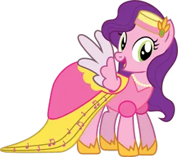 Size: 1157x1025 | Tagged: safe, artist:prixy05, derpibooru import, pipp petals, pegasus, pony, g5, alternate hairstyle, clothes, dress, female, g4, g5 to g4, gala dress, generation leap, hat, image, mare, png, simple background, solo, spread wings, transparent background, vector, wings