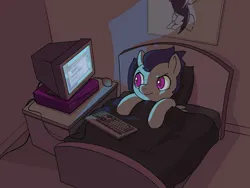 Size: 1600x1200 | Tagged: safe, artist:darkdoomer, ponerpics import, rumble, pony, /mlp/, 4chan, bed, colt, computer, image, internet browser, looking at something, male, night, png, print, silicon graphics, sleep tight, solo, thread