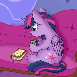 Size: 4000x4000 | Tagged: safe, artist:cloudmild, derpibooru import, twilight sparkle, twilight sparkle (alicorn), alicorn, pony, book, couch, cute, female, g4, horn, image, mare, png, rubik's cube, sitting, smiling, solo, wings