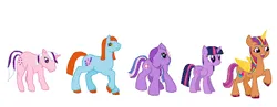 Size: 361x140 | Tagged: safe, artist:diana173076, derpibooru import, bright eyes, sunny starscout, twilight (g1), twilight sparkle, twilight sparkle (alicorn), twilight twinkle, alicorn, earth pony, pony, unicorn, g1, g2, g3, g5, my little pony tales, my little pony: a new generation, 2d, artificial horn, artificial wings, augmented, base used, bend over, braid, colored hooves, eyebrows, female, folded wings, g1 to g2, g1 to g4, g2 to g4, g3 to g4, g4, g4 to g5, generation leap, generational ponidox, group, happy, horn, image, magic, magic horn, magic wings, mare, open mouth, open smile, png, race swap, raised hoof, sextet, simple background, smiling, standing, sunny and her heroine, sunnycorn, tail, white background, wings