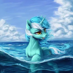 Size: 1024x1024 | Tagged: safe, ai content, derpibooru import, machine learning generated, novelai, stable diffusion, lyra heartstrings, pony, unicorn, cloud, horn, image, ocean, painting, partially submerged, png, prompter:hazy skies, scenery, scenery porn, solo, swimming, water, wave