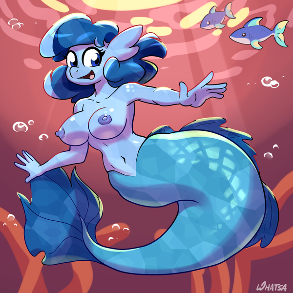 Size: 1500x1500 | Tagged: questionable, artist:whatsapokemon, derpibooru import, oc, oc:heart song, unofficial characters only, anthro, crystal pony, fish, mermaid, merpony, big breasts, breasts, bubble, clothes, fins, fish tail, image, mermaidized, mermay, partial nudity, png, solo, species swap, tail, topless, underwater, water