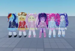 Size: 950x652 | Tagged: safe, derpibooru import, applejack, fluttershy, pinkie pie, rainbow dash, rarity, twilight sparkle, twilight sparkle (alicorn), alicorn, axolotl, rabbit, semi-anthro, equestria girls, animal, bangs, blazer, blushing, bow, clothes, collar, cowboy hat, curly hair, eyes closed, female, females only, freckles, g4, hat, horn, image, jpeg, long socks, mary janes, necktie, no mouth, plaid, plaid skirt, pleated skirt, pocket, pony ears, ponytails, roblox, school uniform, shirt, shoes, skirt, sky, socks, straight hair, wings