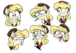 Size: 2185x1511 | Tagged: safe, artist:anontheanon, artist:polofastter, derpibooru import, oc, oc:belle hop, unofficial characters only, earth pony, pony, bellhop, bellhop pony, bust, cigarette, faic, female, grin, hat, image, insanity, looking at you, looking down, mare, open mouth, open smile, png, simple background, smiling, smiling at you, smoking, sweat, sweatdrop, thousand yard stare, transparent background
