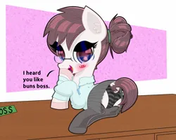 Size: 1942x1550 | Tagged: suggestive, artist:scandianon, derpibooru import, oc, oc:velveteen, unofficial characters only, earth pony, pony, alternate hairstyle, blush scribble, blushing, clothes, female, glasses, image, jpeg, looking at you, mare, open mouth, open smile, panties, raised tail, skirt, smiling, socks, tail, thigh highs, underwear