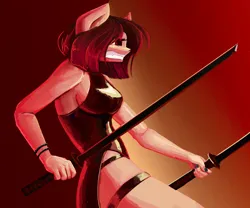 Size: 3000x2500 | Tagged: safe, artist:anastas, derpibooru import, oc, oc:naga, unofficial characters only, anthro, earth pony, bracelet, breasts, clothes, dress, female, image, jewelry, katana, latex, latex dress, png, red light, side slit, solo, spiked wristband, sword, teeth, total sideslit, weapon, wristband