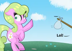 Size: 2400x1700 | Tagged: safe, artist:scandianon, derpibooru import, daisy, flower wishes, earth pony, pony, bag, derp, female, floppy ears, hoers, horses doing horse things, image, implied anon, jpeg, mare, outdoors, pinpoint eyes, plastic bag, rearing, rectangular pupil, scared, stick, whiskers