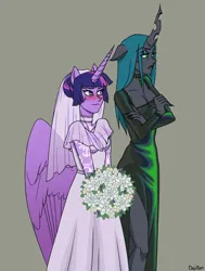 Size: 1080x1431 | Tagged: safe, artist:ddddaikon, derpibooru import, queen chrysalis, twilight sparkle, twilight sparkle (alicorn), alicorn, changeling, changeling queen, equestria girls, alternate hairstyle, black dress, blushing, breasts, bride, busty queen chrysalis, busty twilight sparkle, clothes, crossed arms, dress, duo, eyeshadow, female, flower, image, lesbian, looking away, makeup, marriage, one ear down, png, ship:twisalis, shipping, veil, wedding dress, wedding veil