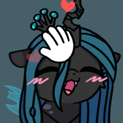Size: 500x500 | Tagged: safe, artist:sugar morning, derpibooru import, queen chrysalis, changeling, changeling queen, animated, blush scribble, blushing, cute, cute little fangs, cutealis, disembodied hand, eyes closed, fangs, female, floating heart, gif, hand, happy, happy face, heart, image, open mouth, open smile, petting, smiling, sweet dreams fuel, wing twitch, wings