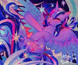 Size: 2048x1726 | Tagged: safe, artist:petaltwinkle, derpibooru import, twilight sparkle, twilight sparkle (alicorn), alicorn, pony, abstract background, bangs, blushing, colored, colored wings, colored wingtips, detailed, ear blush, eye clipping through hair, eyelashes, female, flying, g4, horn, horn blush, image, jpeg, long mane, long tail, looking at you, mare, multicolored mane, multicolored tail, multicolored wings, nose blush, one eye closed, open mouth, open smile, purple coat, purple eyes, raised hoof, satrs, shiny coat, shiny eyes, shiny mane, shiny tail, signature, smiling, smiling at you, solo, sparkles, spread wings, tail, unicorn horn, wingding eyes, wings
