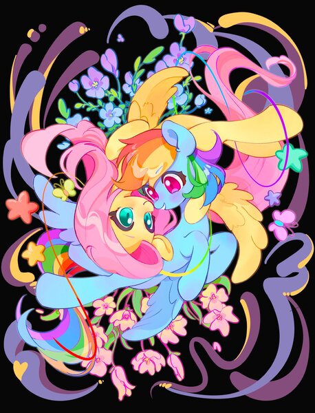 Size: 1575x2062 | Tagged: safe, artist:chonpsk, derpibooru import, fluttershy, rainbow dash, butterfly, insect, pegasus, pony, black background, blushing, duo, duo female, female, flower, flutterdash, flying, g4, hoof around neck, image, jpeg, lesbian, looking at each other, looking at someone, mare, shipping, simple background, smiling, smiling at each other, stars, wings