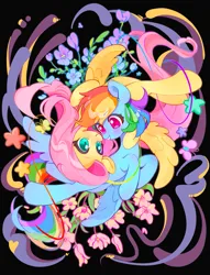 Size: 1575x2062 | Tagged: safe, artist:chonpsk, derpibooru import, fluttershy, rainbow dash, butterfly, insect, pegasus, pony, black background, blushing, duo, duo female, female, flower, flutterdash, flying, g4, hoof around neck, image, jpeg, lesbian, looking at each other, looking at someone, mare, shipping, simple background, smiling, smiling at each other, stars, wings