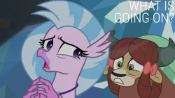 Size: 1920x1080 | Tagged: safe, derpibooru import, edit, edited screencap, editor:quoterific, screencap, silverstream, yona, hippogriff, yak, what lies beneath, caption, duo, duo female, female, g4, image, png, text
