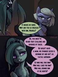 Size: 1800x2400 | Tagged: safe, artist:jewellier, derpibooru import, part of a set, limestone pie, marble pie, earth pony, pony, series:ask the pie sisters, alternate hairstyle, alternate universe, ask, comic, duo, english, female, g4, image, implied big macintosh, implied marblemac, implied shipping, implied straight, marbellise delilah pie, mare, png, ponytail, speech bubble, text, translation