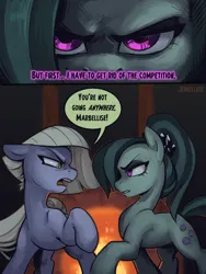 Size: 1800x2400 | Tagged: safe, artist:jewellier, derpibooru import, part of a set, limestone pie, marble pie, earth pony, pony, series:ask the pie sisters, alternate hairstyle, alternate universe, ask, comic, duo, english, female, fireplace, g4, image, marbellise delilah pie, mare, png, ponytail, speech bubble, text, translation
