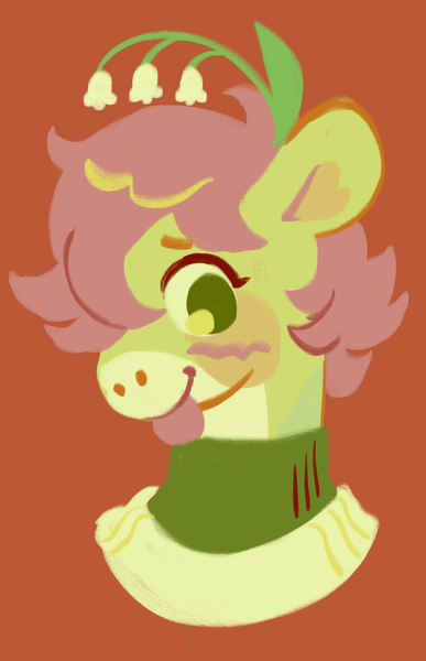 Size: 1173x1817 | Tagged: safe, artist:friendlyfloaty, derpibooru import, oc, unofficial characters only, earth pony, pony, :p, bust, earth pony oc, green coat, green eyes, image, orange background, pink mane, plant, png, portrait, simple background, smiling, solo, tongue out