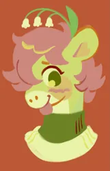 Size: 1173x1817 | Tagged: safe, artist:friendlyfloaty, derpibooru import, oc, unofficial characters only, earth pony, pony, :p, bust, earth pony oc, green coat, green eyes, image, orange background, pink mane, plant, png, portrait, simple background, smiling, solo, tongue out