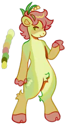 Size: 1414x2477 | Tagged: safe, artist:friendlyfloaty, derpibooru import, oc, unofficial characters only, anthro, earth pony, ambiguous gender, earth pony oc, full body, green coat, image, pink mane, plant, png, simple background, smiling, solo, standing, transparent background, yellow coat