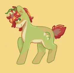 Size: 1517x1500 | Tagged: safe, artist:luvlorne, derpibooru import, oc, unofficial characters only, earth pony, pony, artfight, cutie mark, full body, green coat, image, png, red mane, red tail, side view, simple background, small tail, smiling, solo, tail, yellow background