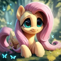 Size: 827x823 | Tagged: safe, ai content, derpibooru import, machine learning assisted, machine learning generated, stable diffusion, fluttershy, butterfly, insect, pegasus, pony, beautiful, big eyes, cute, detailed, forest, g4, generator:purplesmart.ai, grass, green eyes, image, long hair, nature, pink mane, png, prompter:saltyvity, shy, smiling, solo, tree