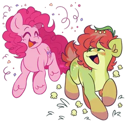 Size: 2000x2000 | Tagged: safe, artist:sillybigcat, derpibooru import, pinkie pie, oc, earth pony, pony, ambiguous gender, artfight, canon x oc, confetti, duo, eyes closed, female, green coat, image, mare, open mouth, open smile, pink coat, pink mane, png, raised hoof, red mane, simple background, smiling, transparent background