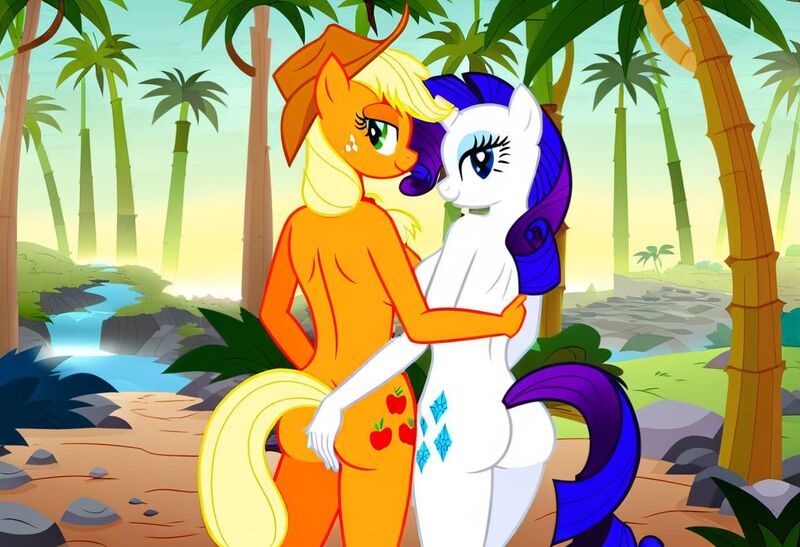 Size: 1216x832 | Tagged: questionable, ai content, machine learning generated, stable diffusion, applejack, rarity, anthro, earth pony, unicorn, bamboo, busty applejack, busty rarity, butt grope, embracing, exhibitionism, flirty, hug, image, in love, inviting, jpeg, jungle, jungle girls, lesbian couple, looking back at you, naked hug, nudity, palm tree, plants, rainforest, river, rock, seductive pose, sexy, sideboob, smiling, standing